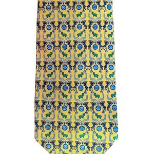 Pineda Covalin Mexico Huichol Bright Silk Tie Yellow Green Blue Deer Sun Pattern